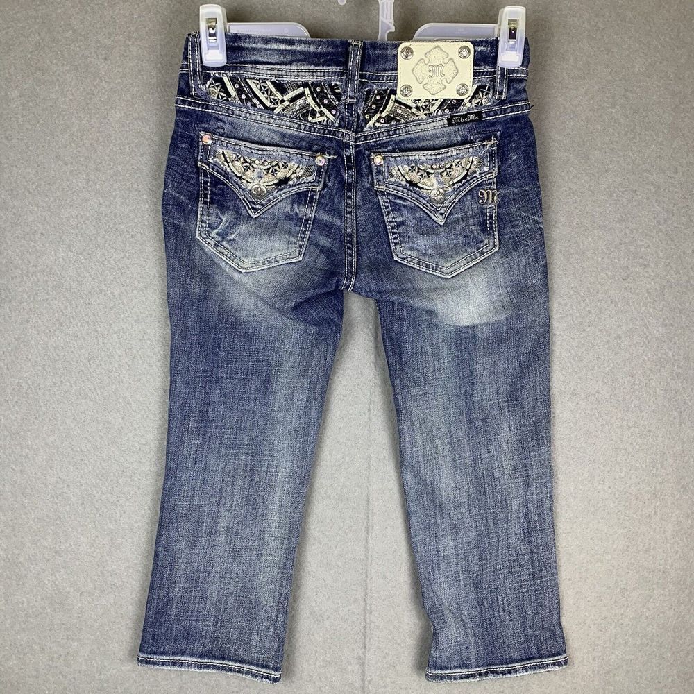 Miss Me Jeans Womens Size 26 Blue Faded Mid-Rise Crop Rhinestone Studded Pockets